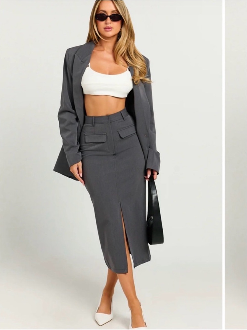 Showpo Gray High-Waist Midi Pencil Skirt with Front Slit